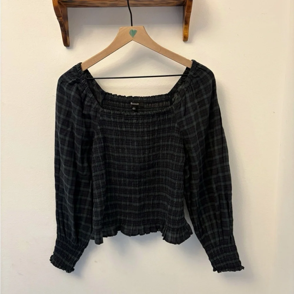 Madewell Lucie Smocked Bubble Sleeve Plaid Top Small